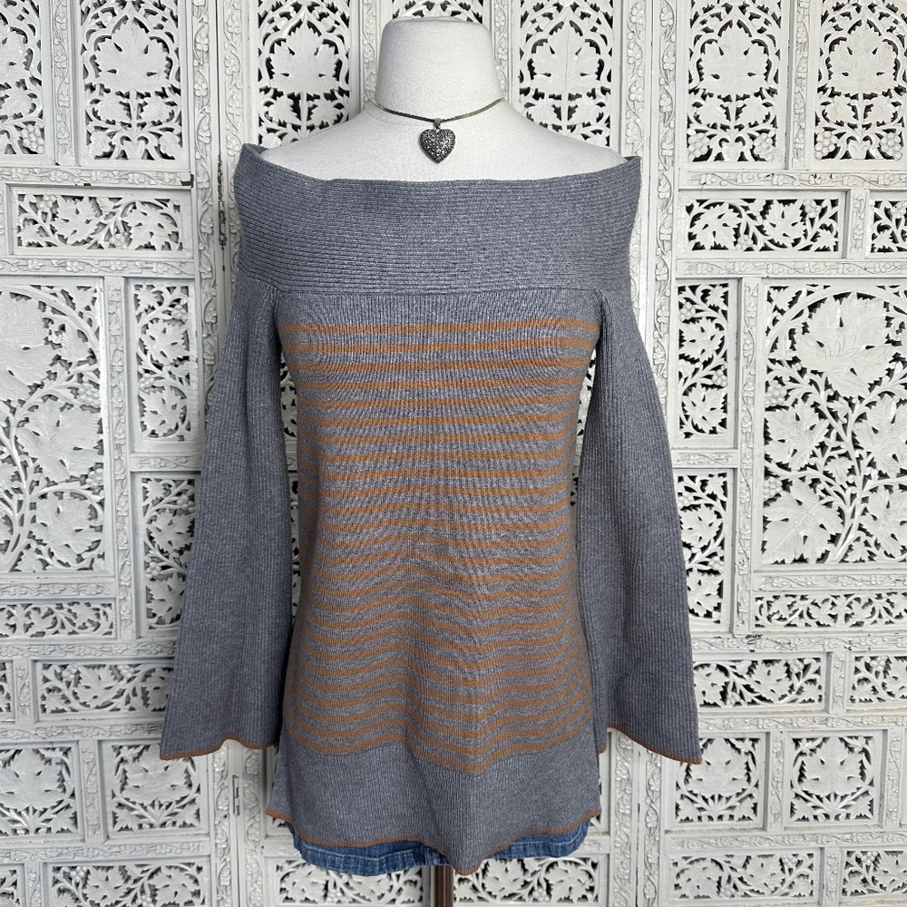 Anthropologie Gray‎ & orange Striped Ribbed Off The Shoulder Bell Sleeve Sweater